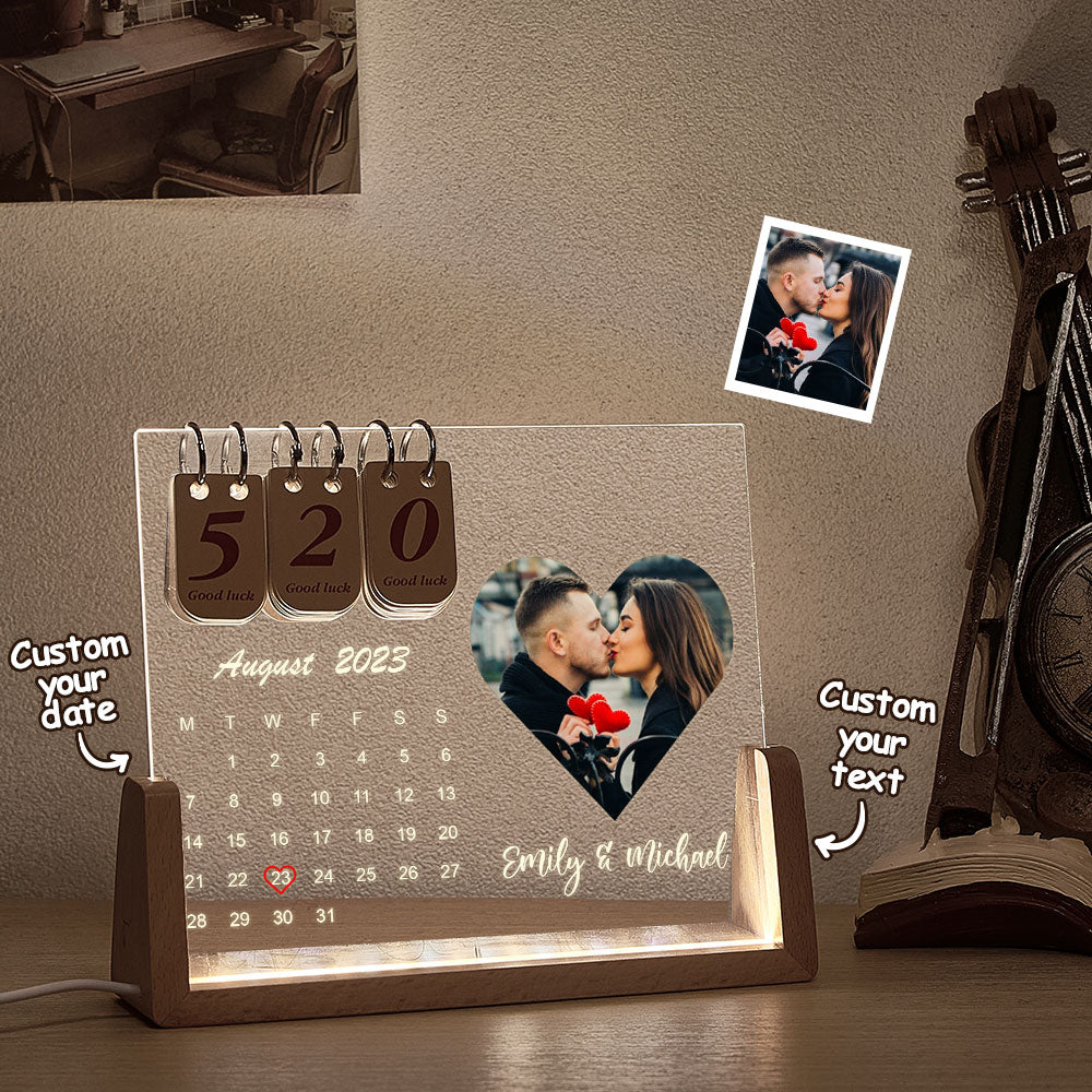 Custom Heart Photo & Name Acrylic Calendar Night Light – Birthday Christmas & Valentine’s Day Gift