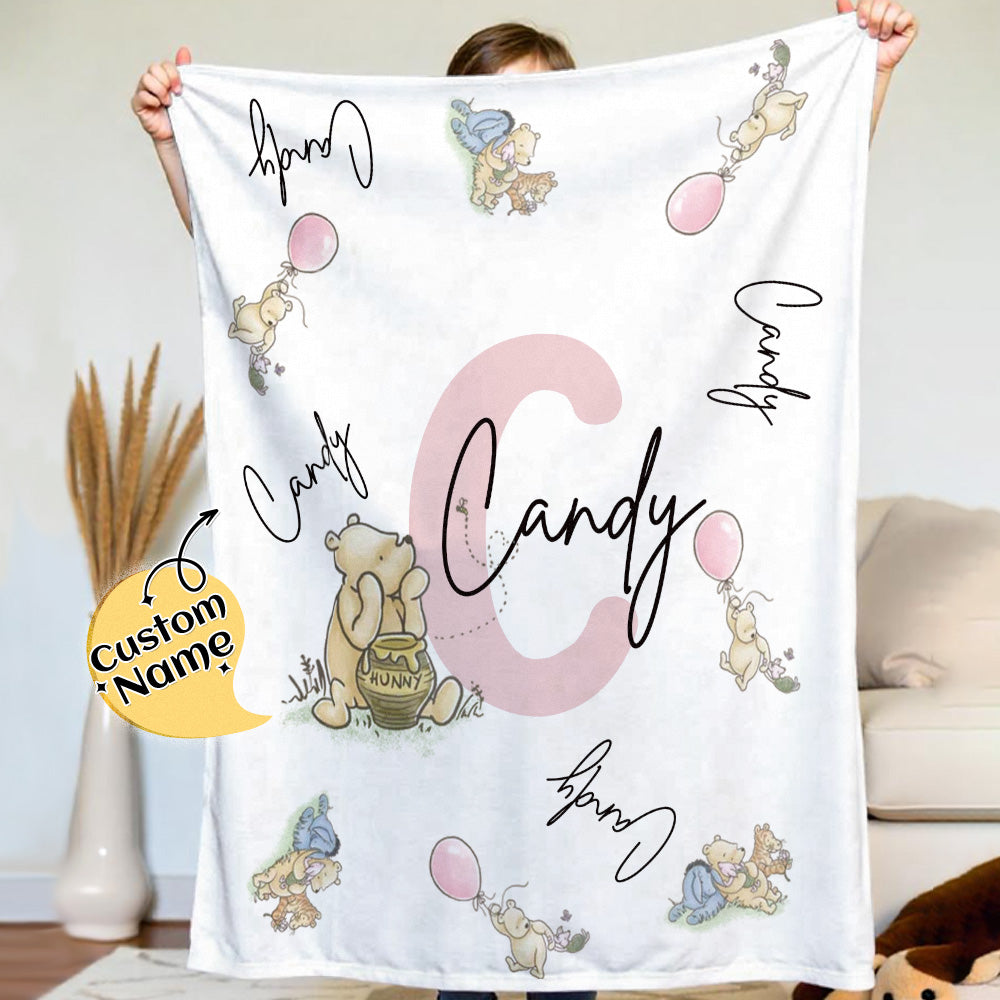 Personalized Winnie the Pooh Throw Blanket with Name Gift for Kids