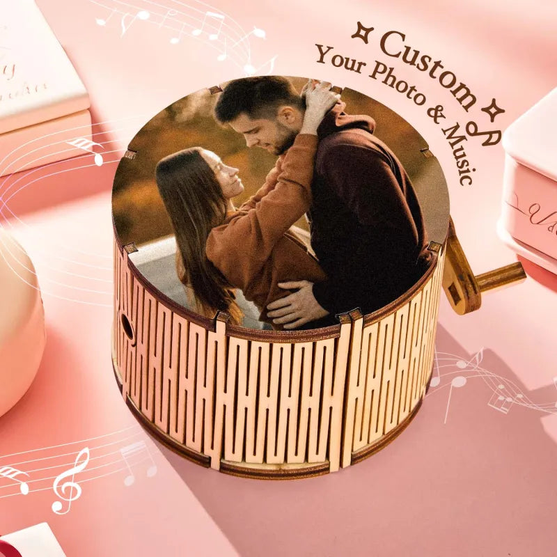 Custom Photo Cylindrical Hand Crank Music Box Can Play Music Without Phone