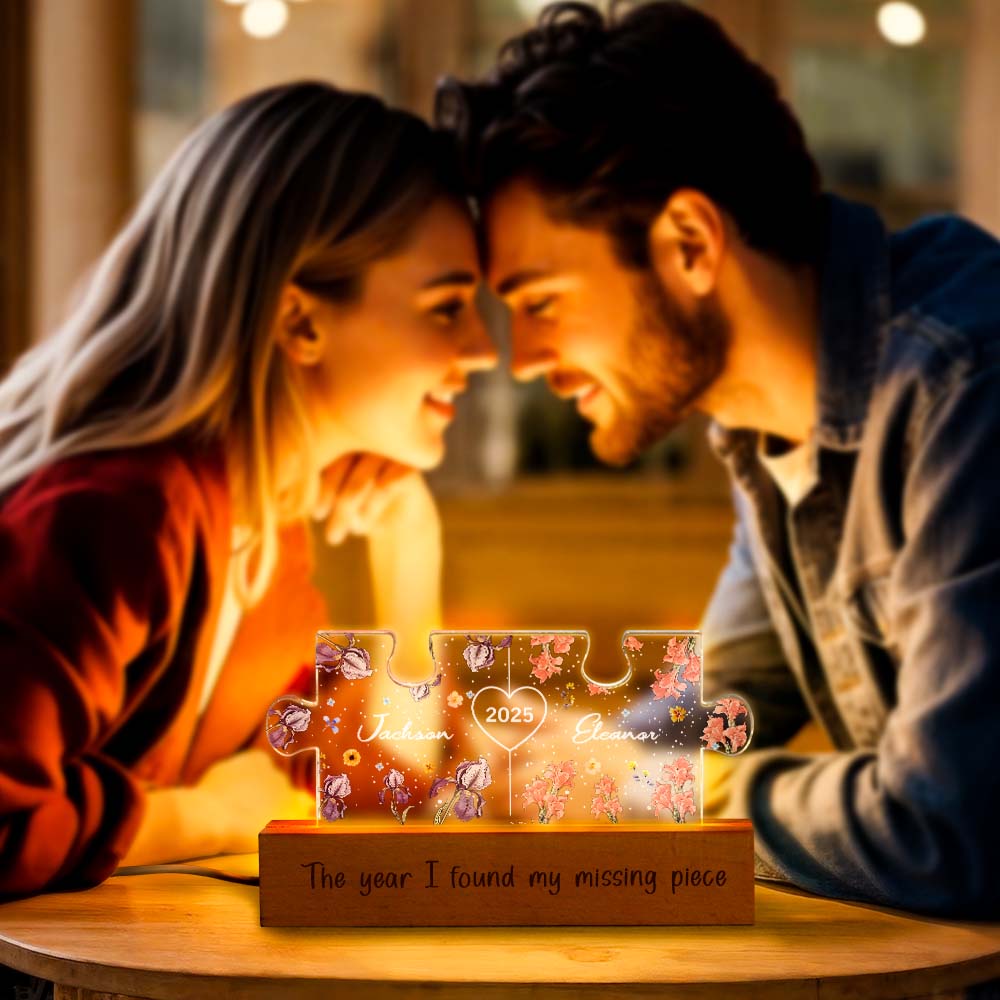 Personalized Couple Puzzle LED Night Light with Birth Flower Night Light Anniversary Gifts for Lover