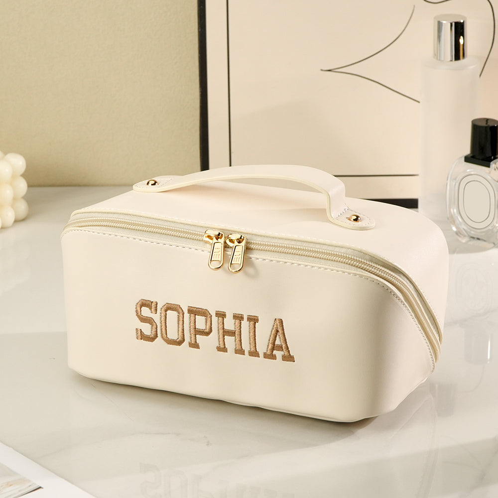 Personalized PU Leather Waterproof Makeup Bag with Embroidery Name Gift for Her