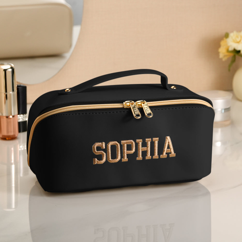 Personalized PU Leather Waterproof Makeup Bag with Embroidery Name Gift for Her