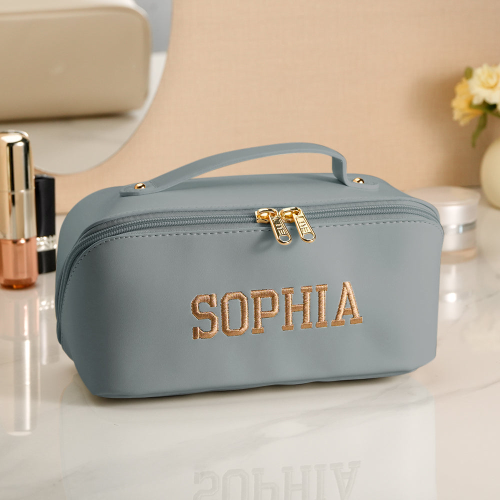 Personalized PU Leather Waterproof Makeup Bag with Embroidery Name Gift for Her