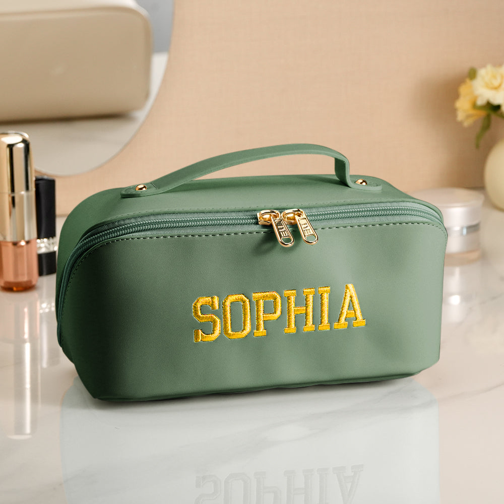 Personalized PU Leather Waterproof Makeup Bag with Embroidery Name Gift for Her