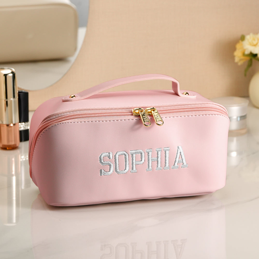 Personalized PU Leather Waterproof Makeup Bag with Embroidery Name Gift for Her