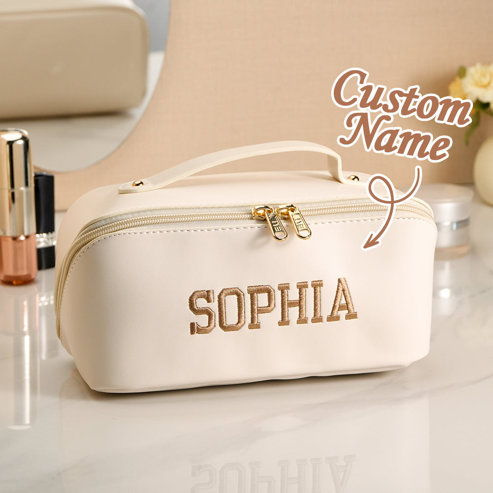 Personalized PU Leather Waterproof Makeup Bag with Embroidery Name Gift for Her