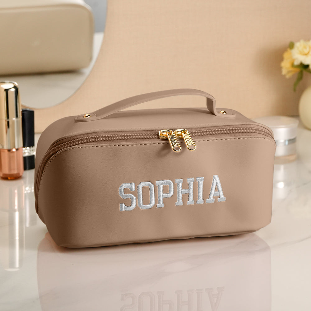 Personalized PU Leather Waterproof Makeup Bag with Embroidery Name Gift for Her