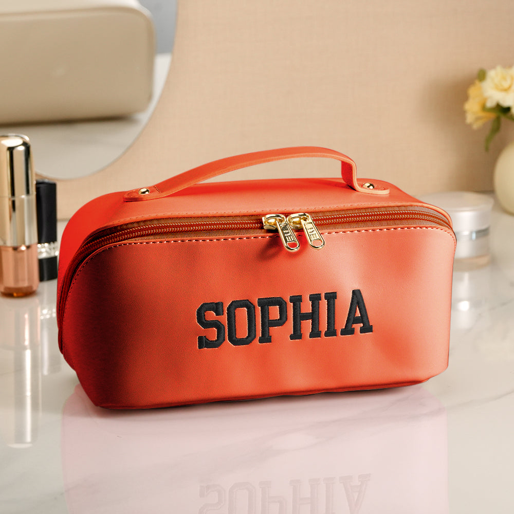 Personalized PU Leather Waterproof Makeup Bag with Embroidery Name Gift for Her
