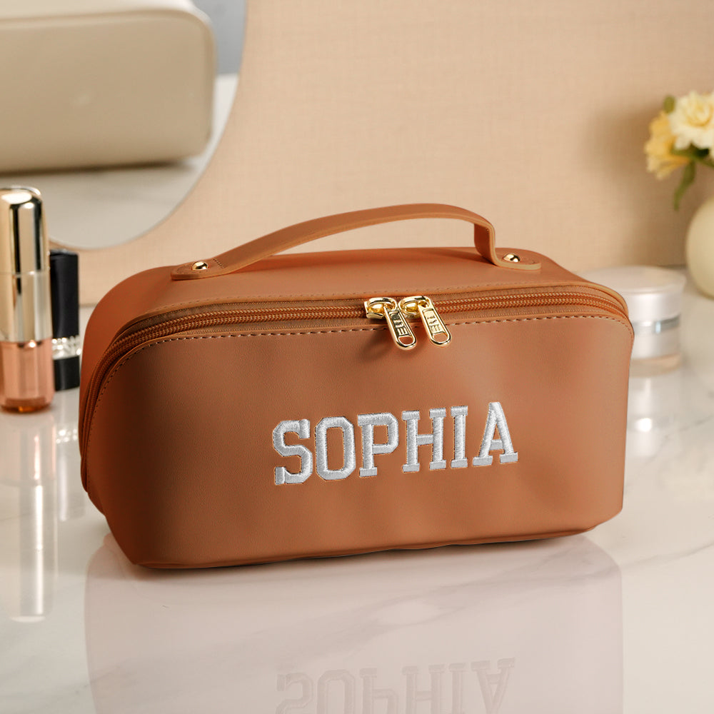 Personalized PU Leather Waterproof Makeup Bag with Embroidery Name Gift for Her