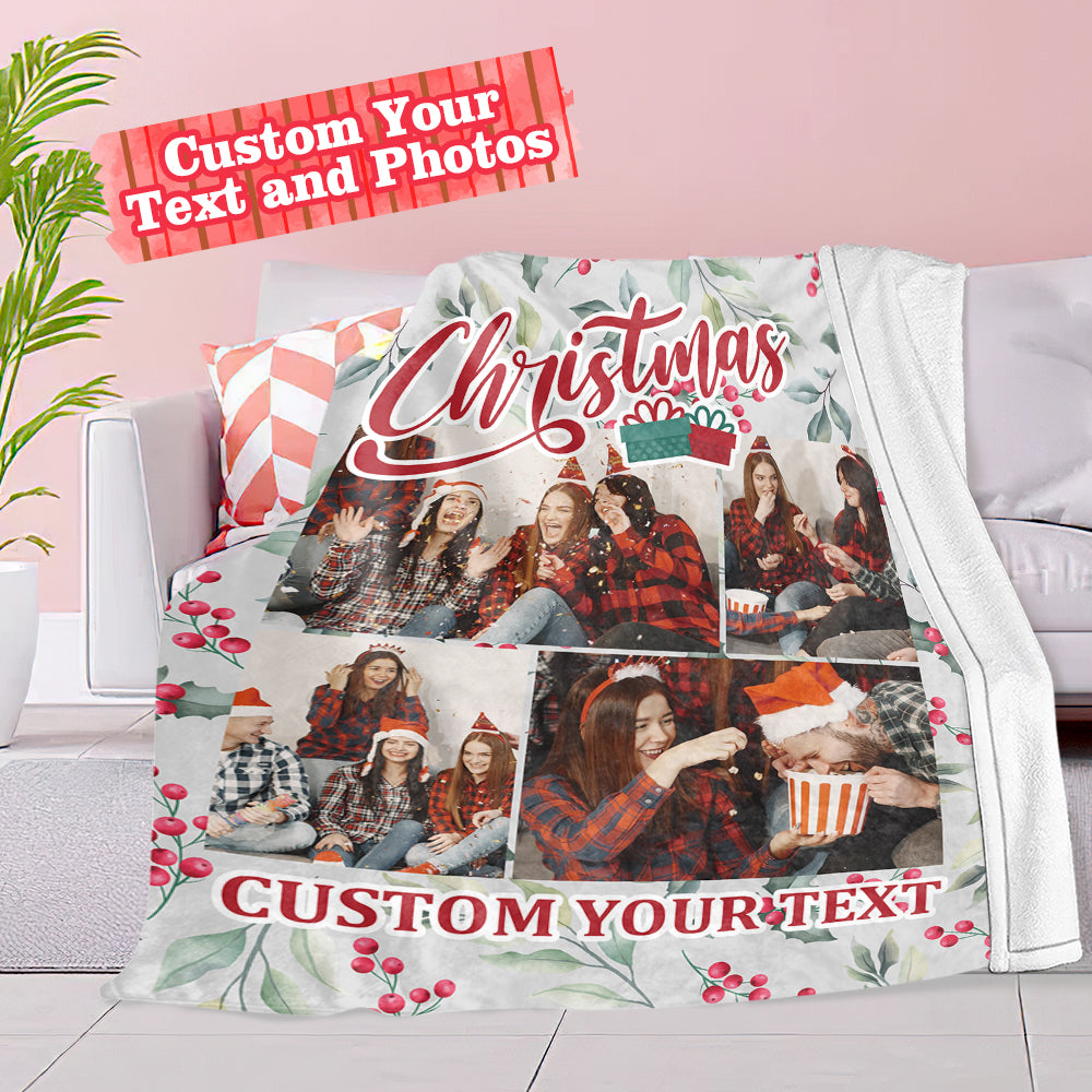 Personalized Collage Photo Christmas Flannel Blanket with Text