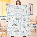 Custom Floral Cute Elephant Blanket with Name Christmas Birthday Baby Shower Gift for Baby Kid Family