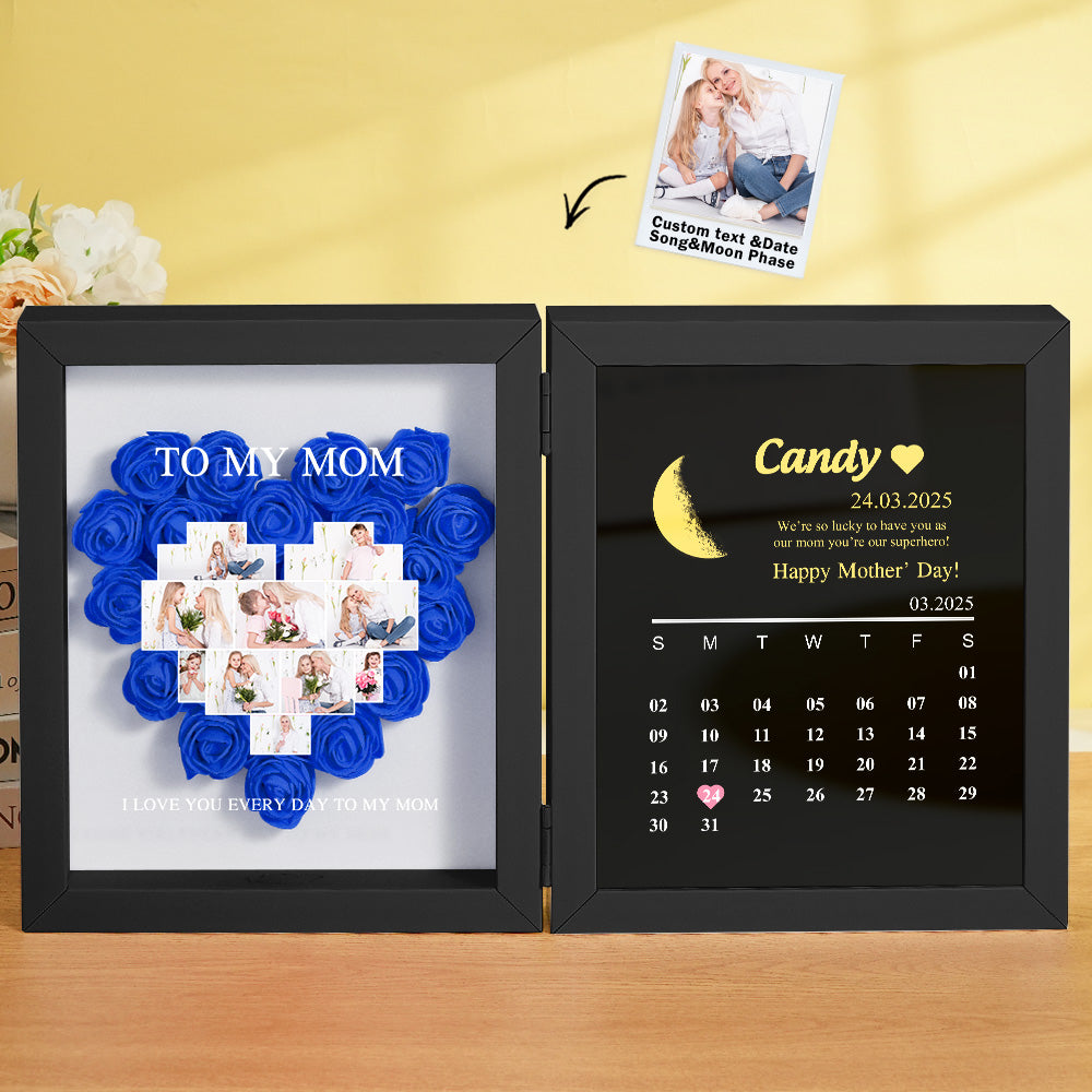 Personalized Flower Shadow Box with Moon Phase Calendar Hearts Flower Box Mother's Day Gift for Mom