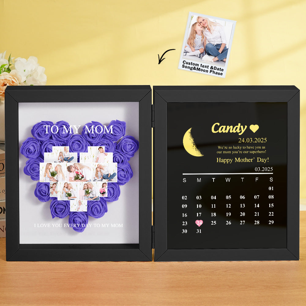Personalized Flower Shadow Box with Moon Phase Calendar Hearts Flower Box Mother's Day Gift for Mom