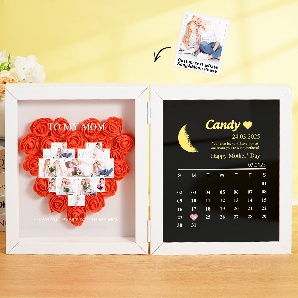 Personalized Flower Shadow Box with Moon Phase Calendar Hearts Flower Box Mother's Day Gift for Mom