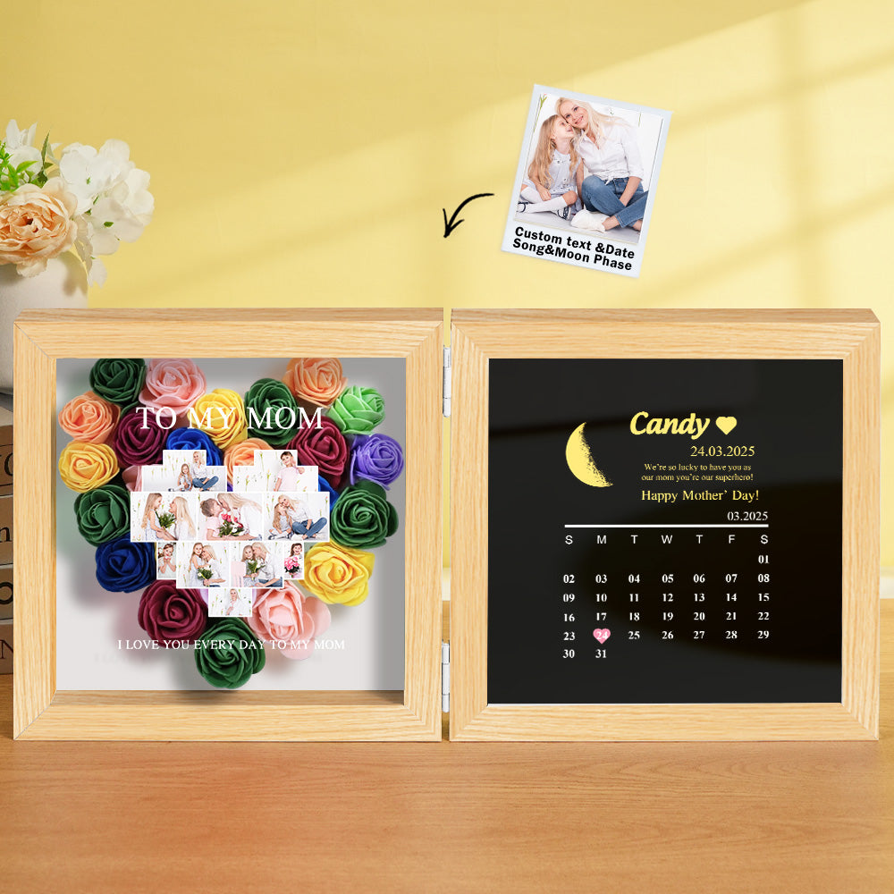 Personalized Flower Shadow Box with Moon Phase Calendar Hearts Flower Box Mother's Day Gift for Mom