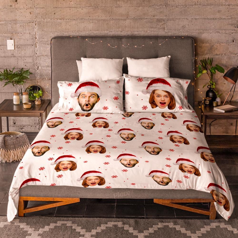 Personalized Photo Double Bedding Sheet And Duvet Cover Pillowslip Set Christmas Gift For Couple