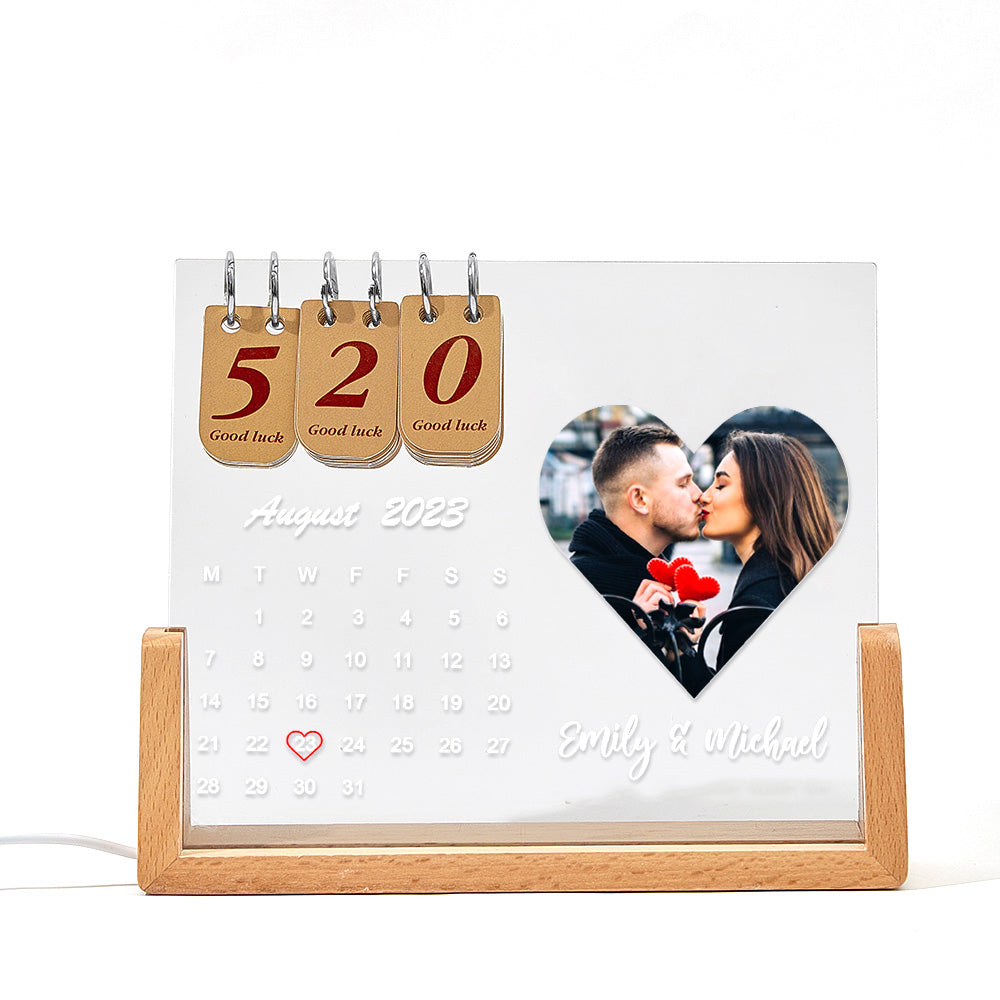 Custom Heart Photo & Name Acrylic Calendar Night Light – Birthday Christmas & Valentine’s Day Gift
