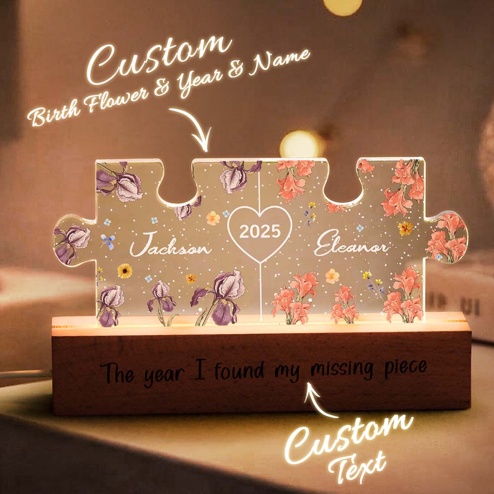 Personalized Couple Puzzle LED Night Light with Birth Flower Night Light Anniversary Gifts for Lover