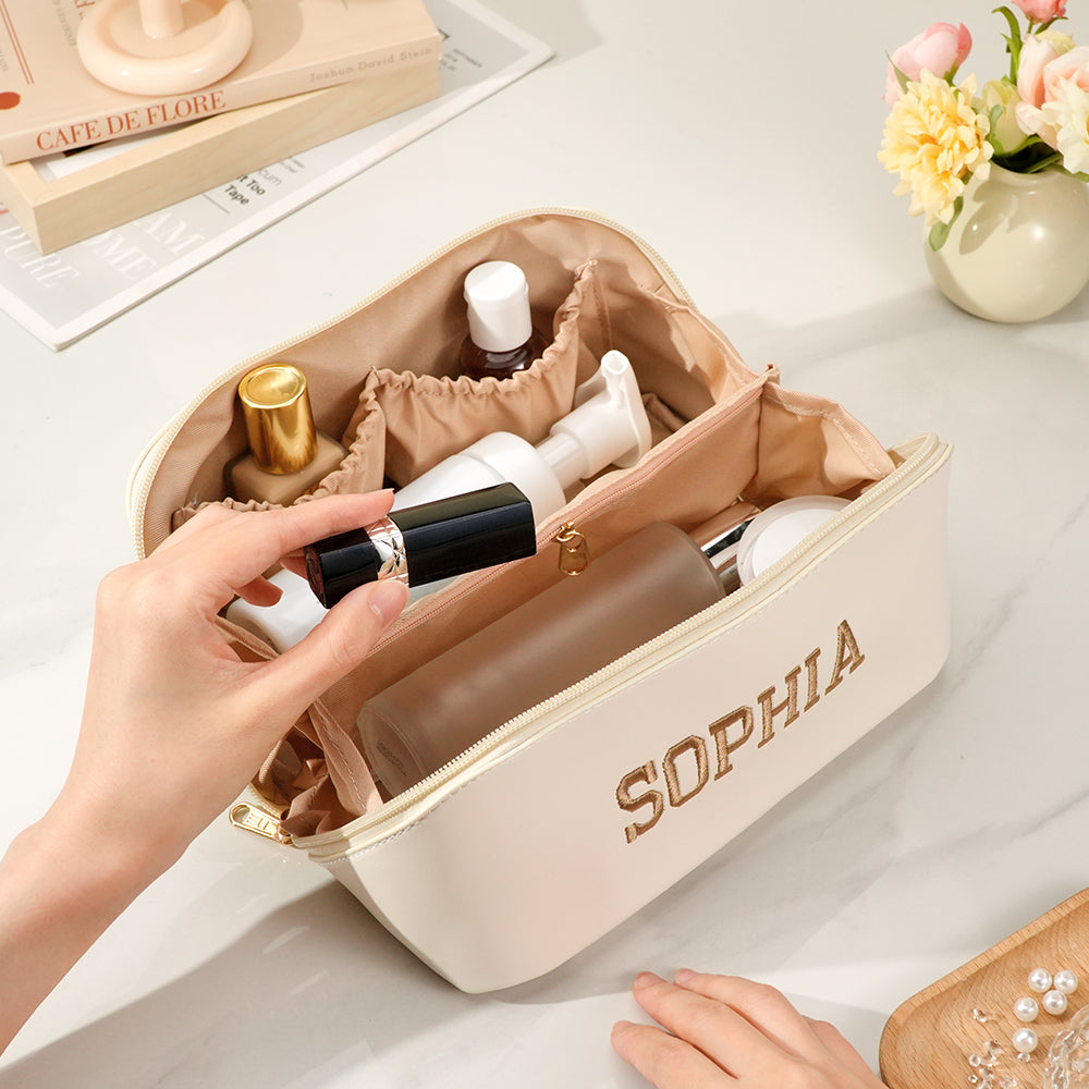 Personalized PU Leather Waterproof Makeup Bag with Embroidery Name Gift for Her